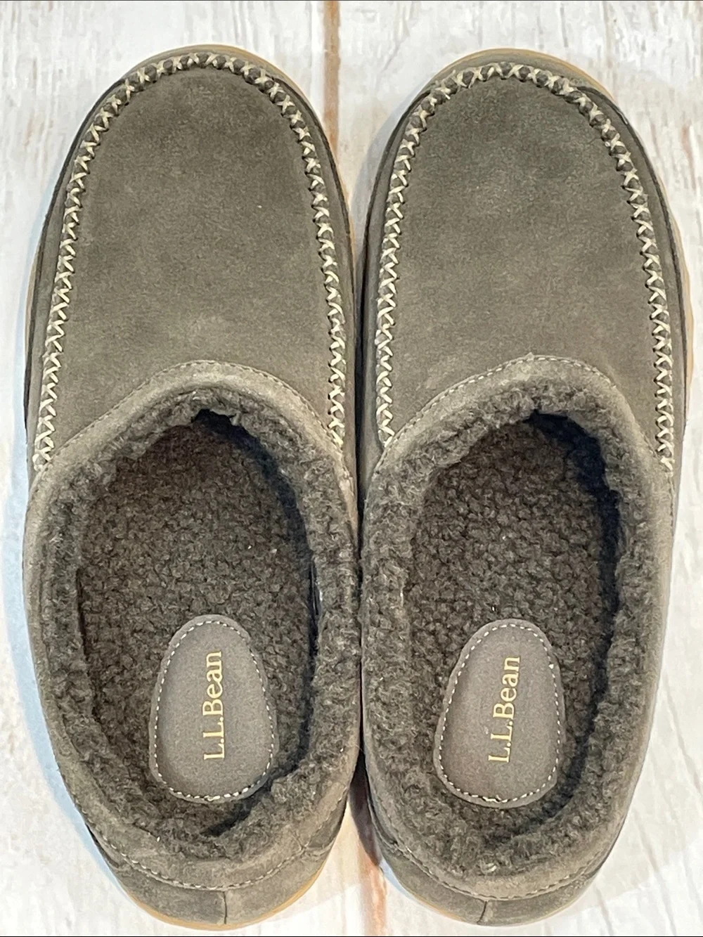 L.L. Bean Mens 10 Suede Slippers Grey Shearling Slip-On Loafers Low Back Cozy